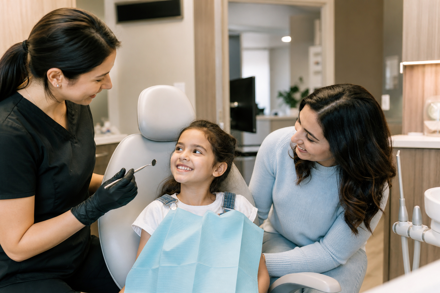 Smiling family sitting together at a dental clinic in Edmonton