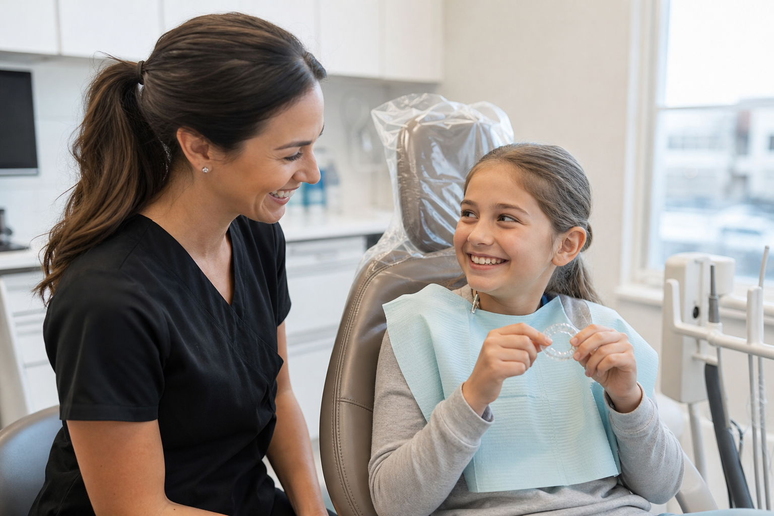 A happy Chestermere family smiling with Invisalign clear aligners