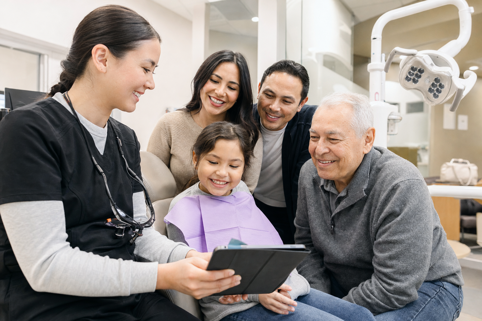 Happy Calgary family at a dental clinic with their family dentist